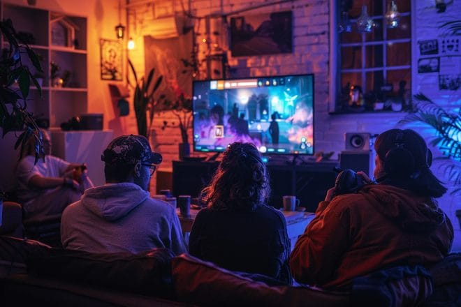 gens ensemble devant écran