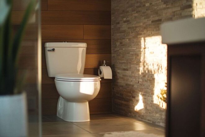 Toilette blanche minimaliste et accents de bois