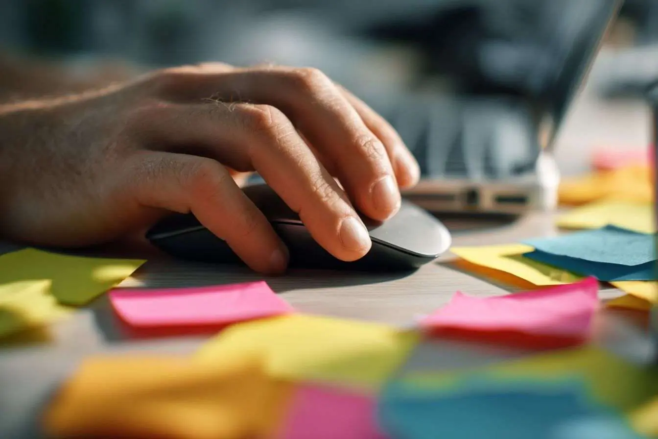 Image de mains manipulant une souris d'ordinateur parmi des post-it éclatants.