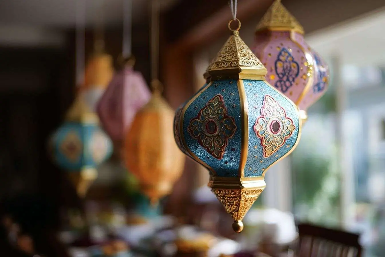 Ornements éclatants et lanternes illuminant une fête domestique d'Eid al-Fitr.