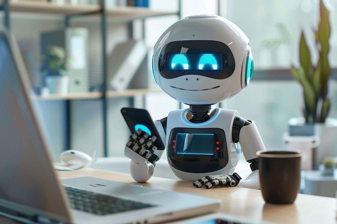 Image d'illustration. Robot intelligence artificielle et téléphone
