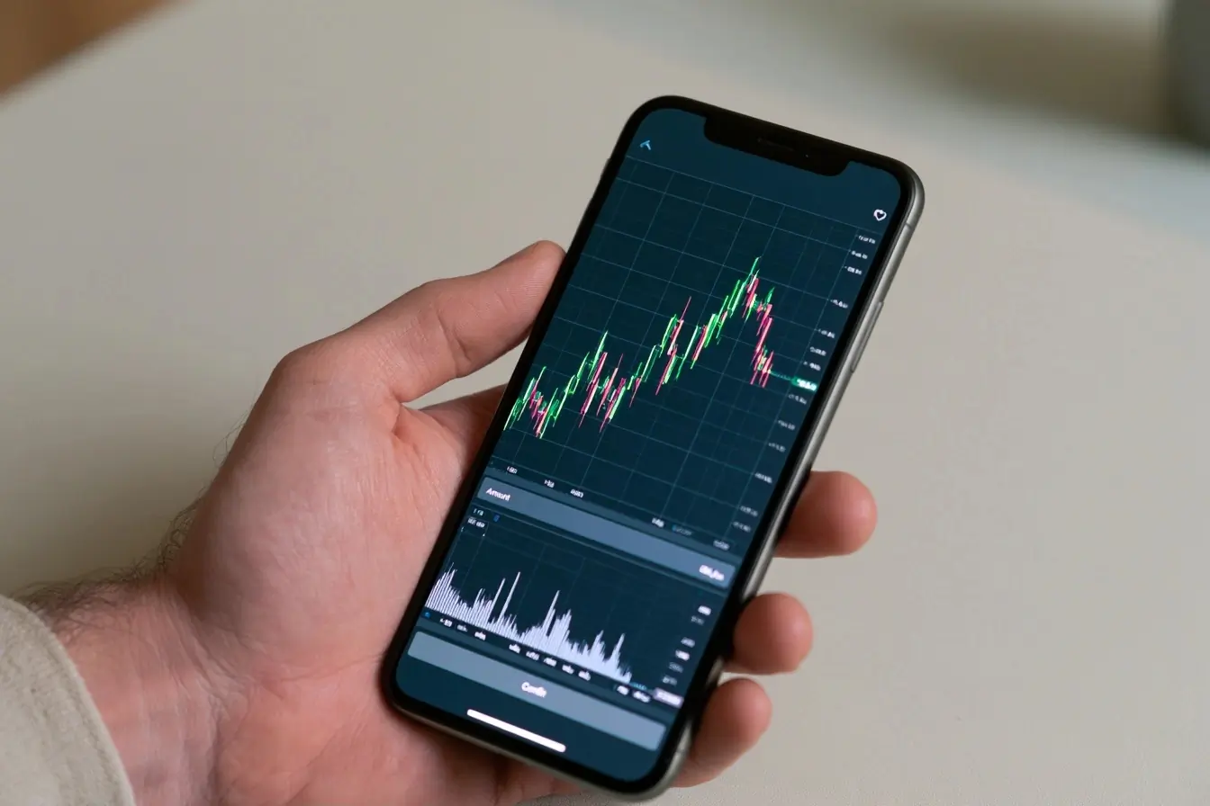 Smartphone de trading tenu en main